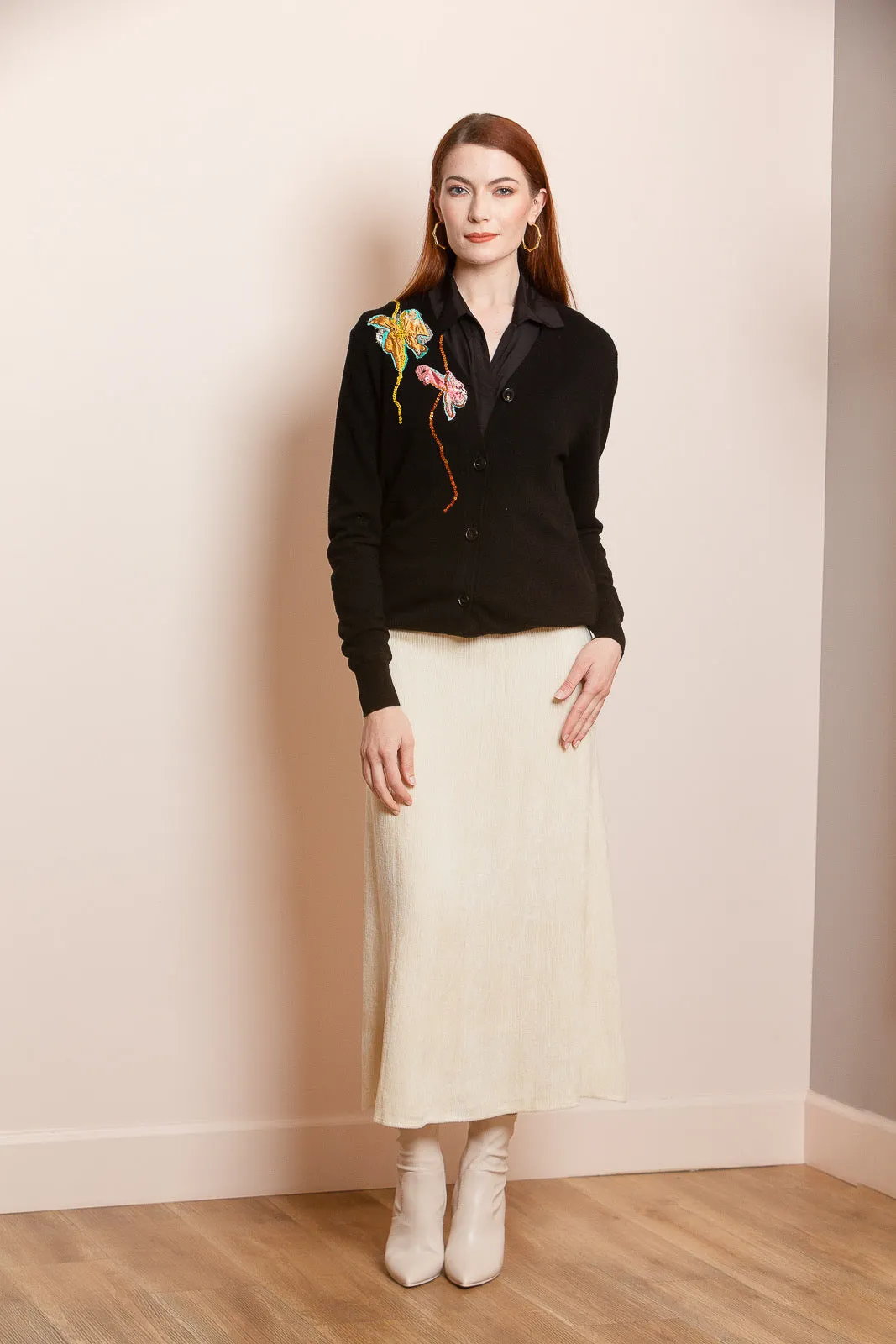 100% Merino Wool Cardigan with Appliqué in Black