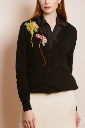 100% Merino Wool Cardigan with Appliqué in Black