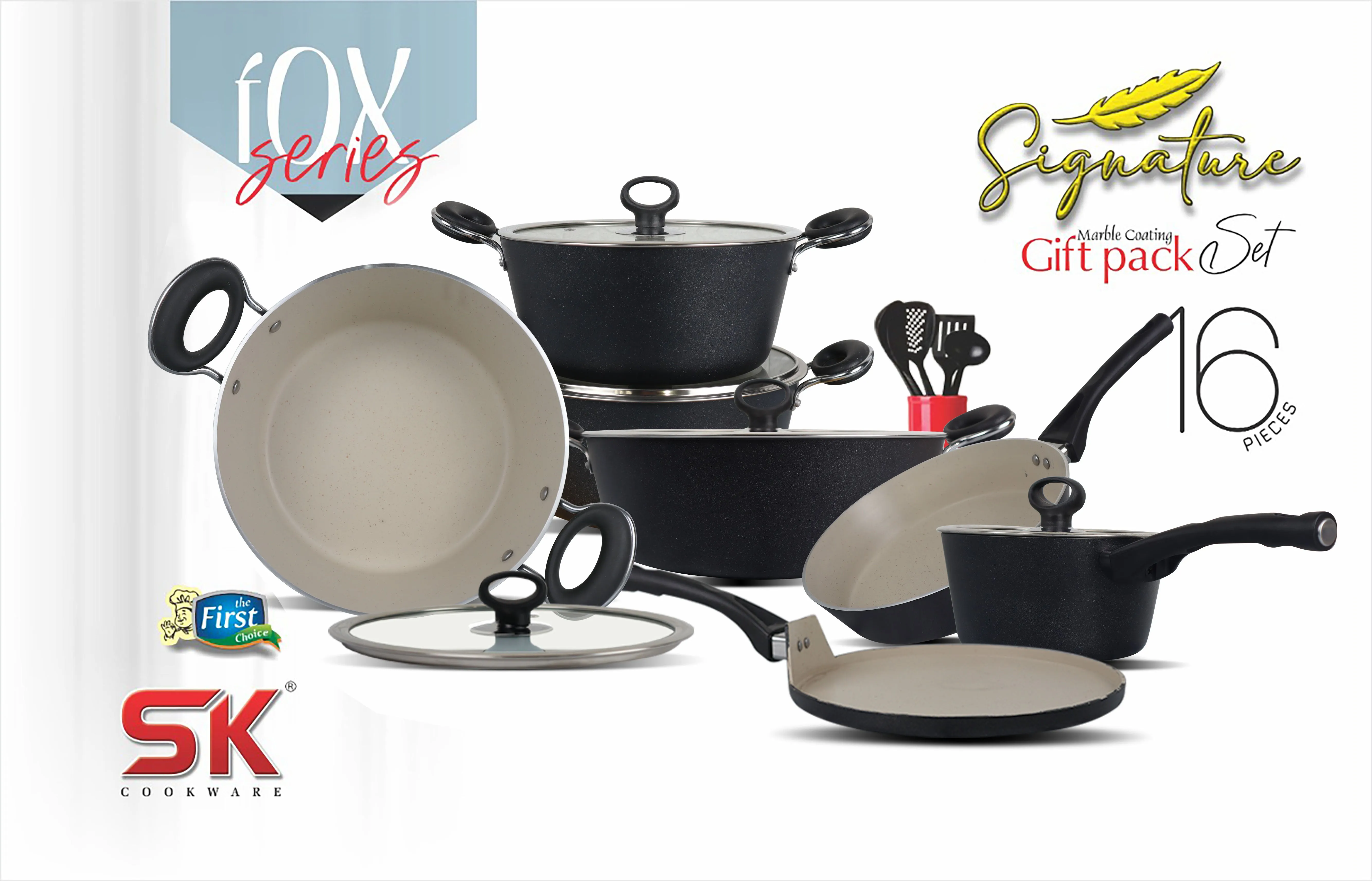 16 Pieces Non Stick Marble Coated Gift Signature Cookware Set - B&W