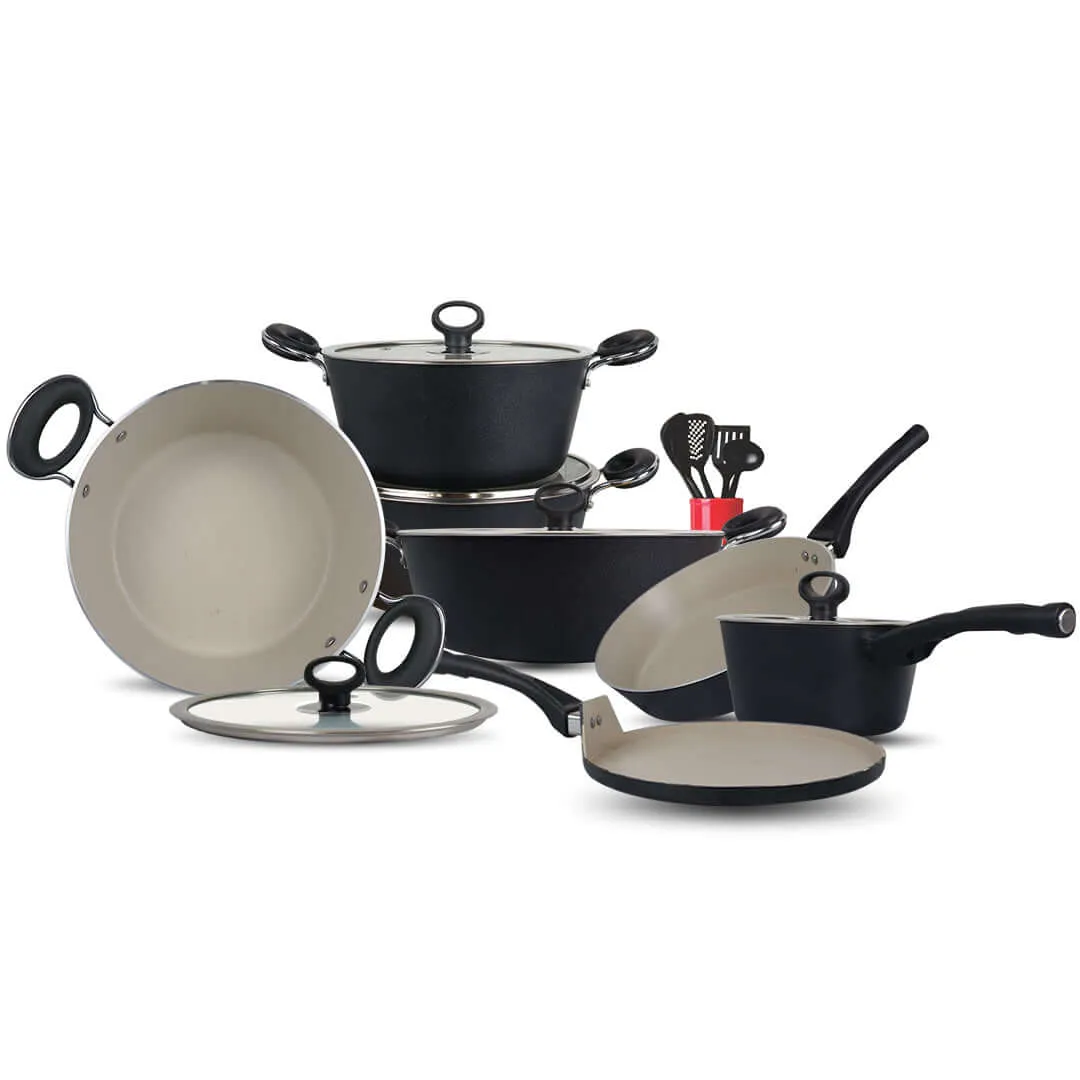 16 Pieces Non Stick Marble Coated Gift Signature Cookware Set - B&W