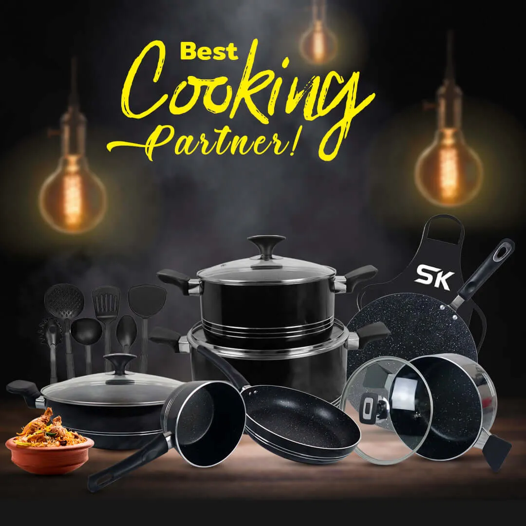 17 Pieces Non-Stick Marble Coat Elite Gift Pack Set Black