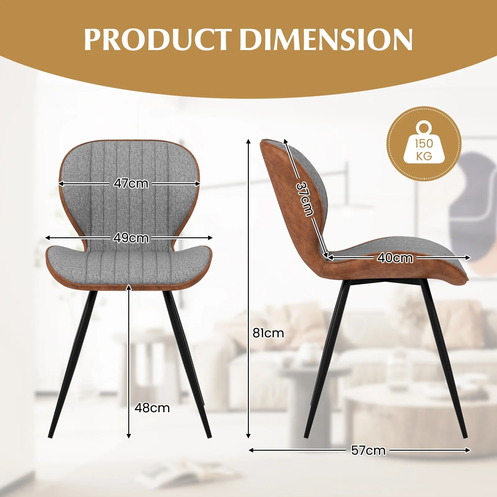 2 Set Armless Dining Chair Modern Accent Chairs with Curved Backrest-Grey