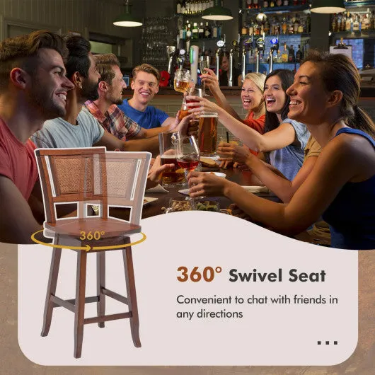 24.5 Inch Counter Height Bar Stool with Rattan Back and 360° Swivel Seat