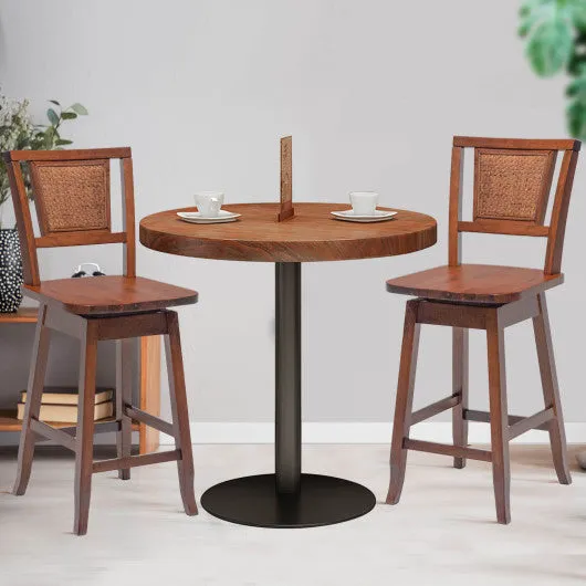24.5 Inch Counter Height Bar Stool with Rattan Back and 360° Swivel Seat