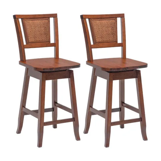 24.5 Inch Counter Height Bar Stool with Rattan Back and 360° Swivel Seat