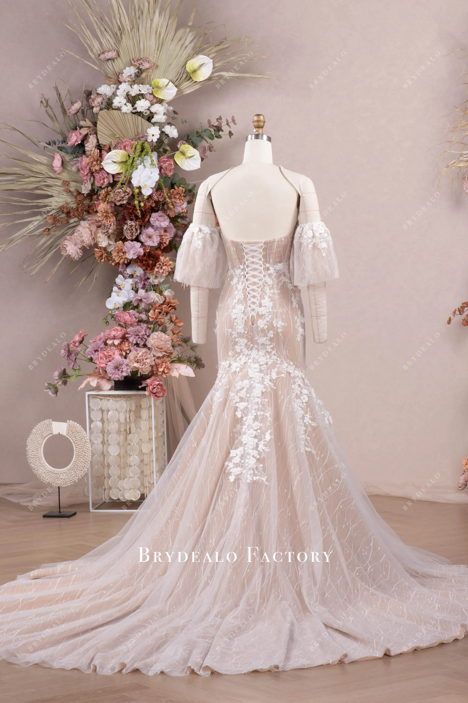 3D Lace Corset Detachable Off-shoulder Mermaid Wedding Dress