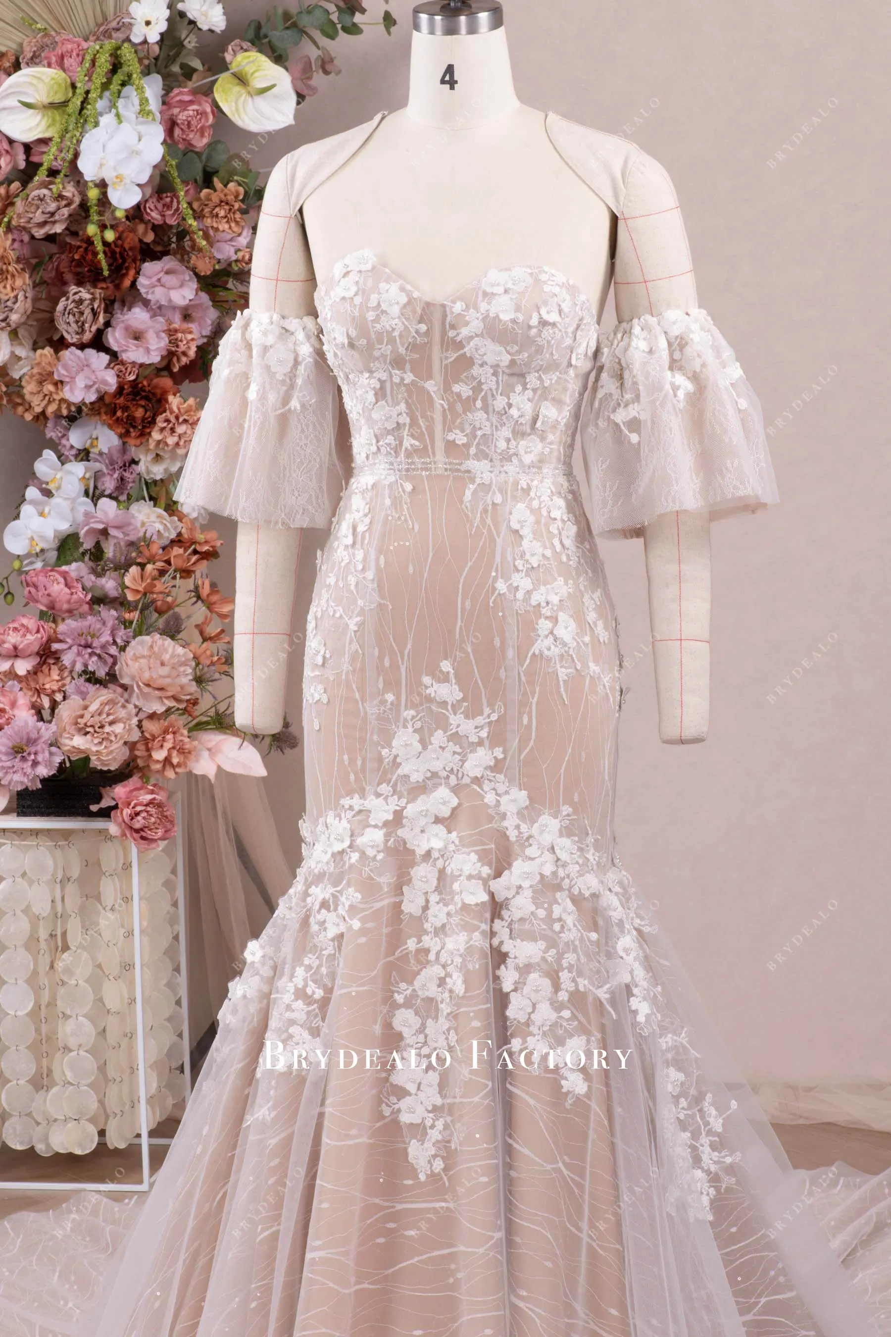 3D Lace Corset Detachable Off-shoulder Mermaid Wedding Dress
