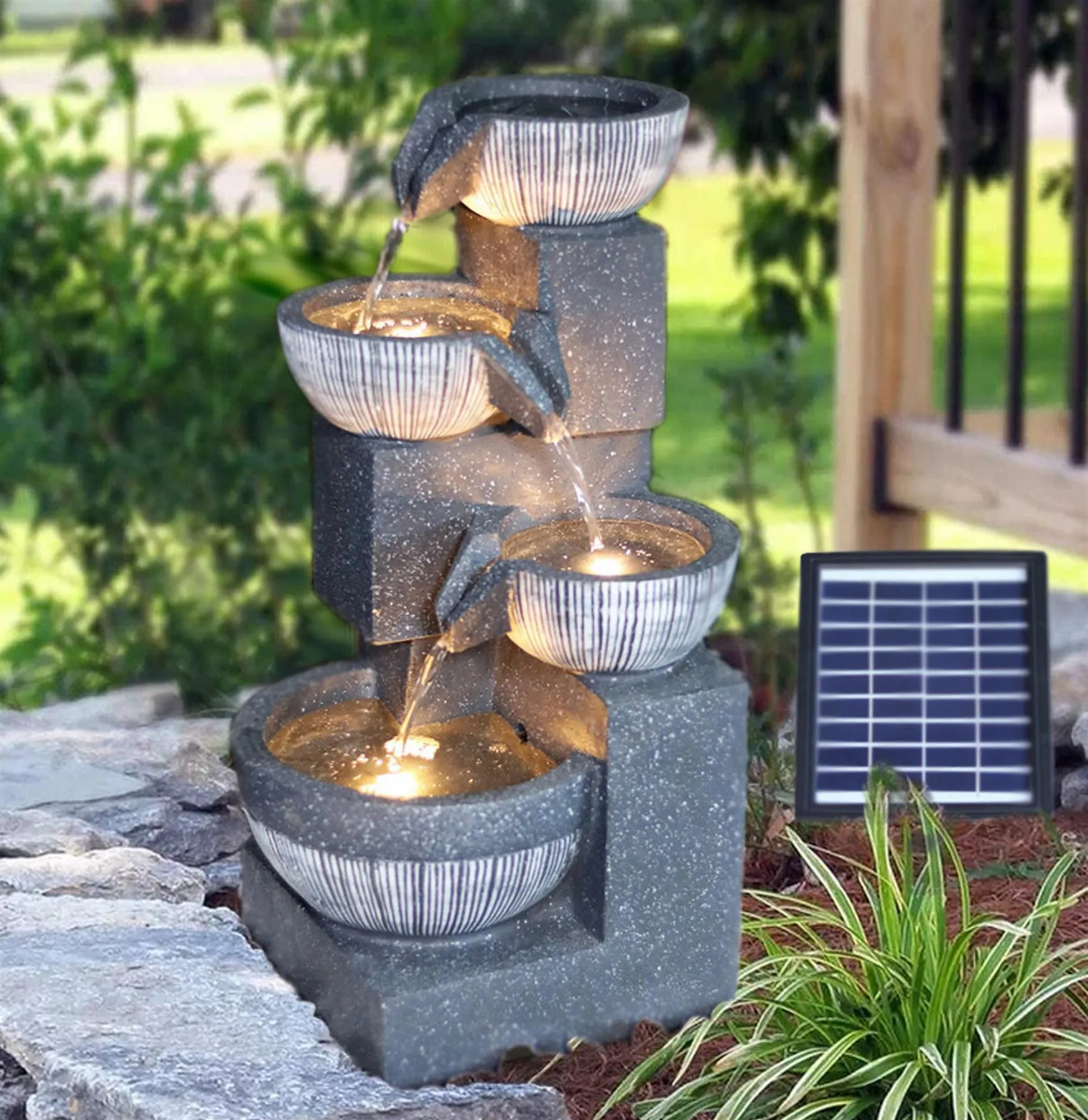4 Tier Bowl Solar Water Feature Outdoor With LED