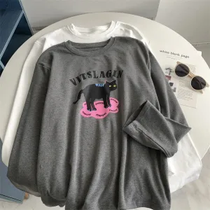 Amozae-Autumn Casual Outfits Amozae-Cat Print Long Sleeved T-shirt For Women Thick Brushed  Autumn Winter Base Shirt