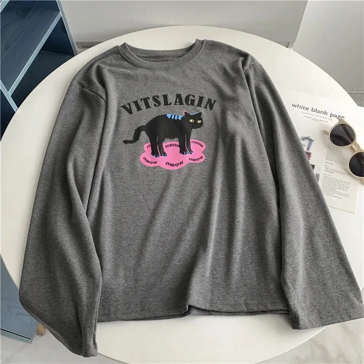 Amozae-Autumn Casual Outfits Amozae-Cat Print Long Sleeved T-shirt For Women Thick Brushed  Autumn Winter Base Shirt