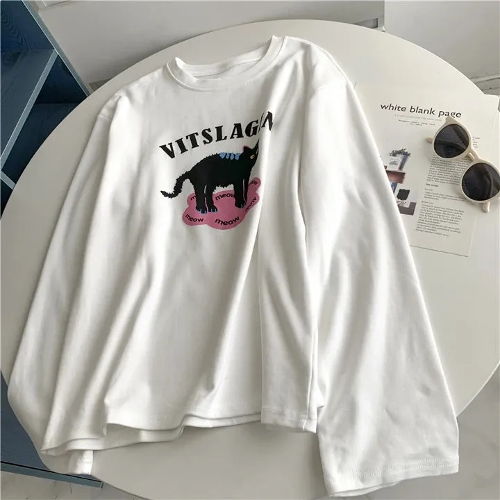 Amozae-Autumn Casual Outfits Amozae-Cat Print Long Sleeved T-shirt For Women Thick Brushed  Autumn Winter Base Shirt
