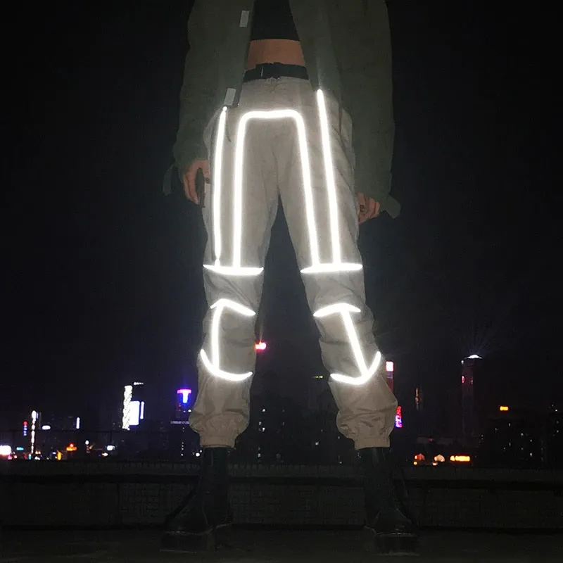 Amozae Reflective Stripe Patchwork Gothic Cargo Pants Women Streetwear New Arrival High Waist Trousers With Sashes