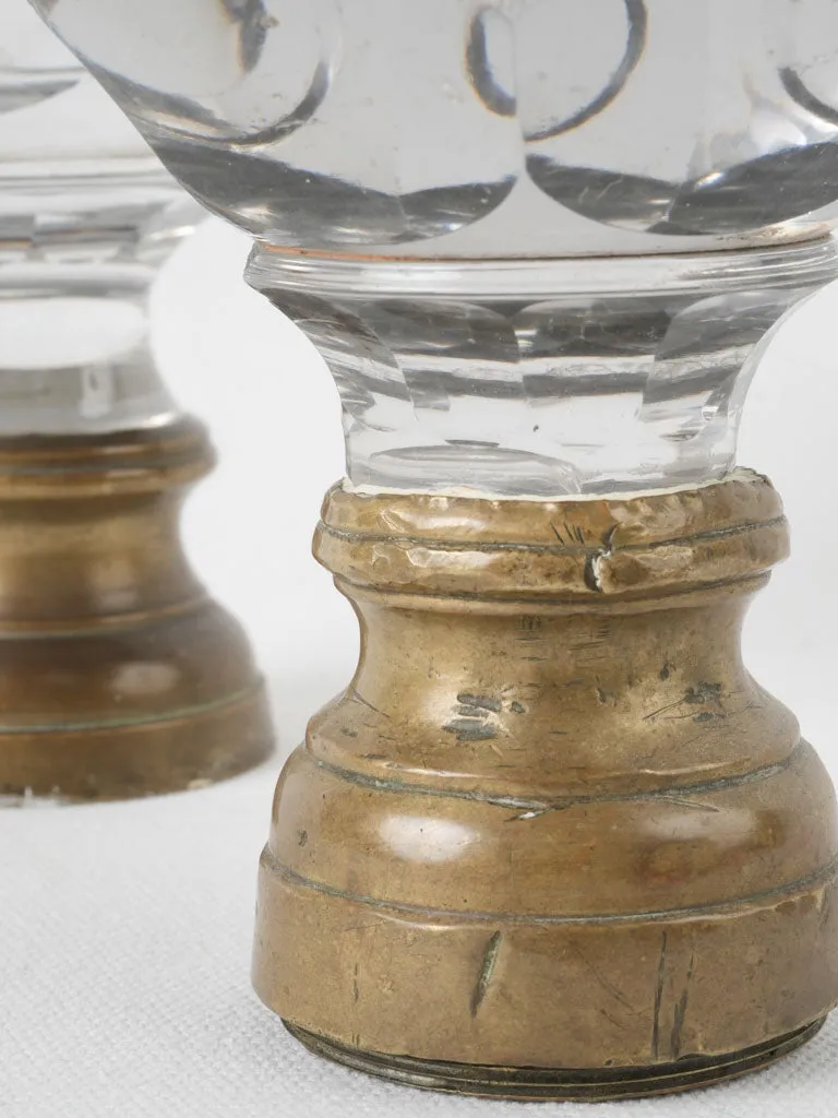Antique French inexact pair of round clear glass 'Boule d'escalier’ newel caps w/ brass bases 7"