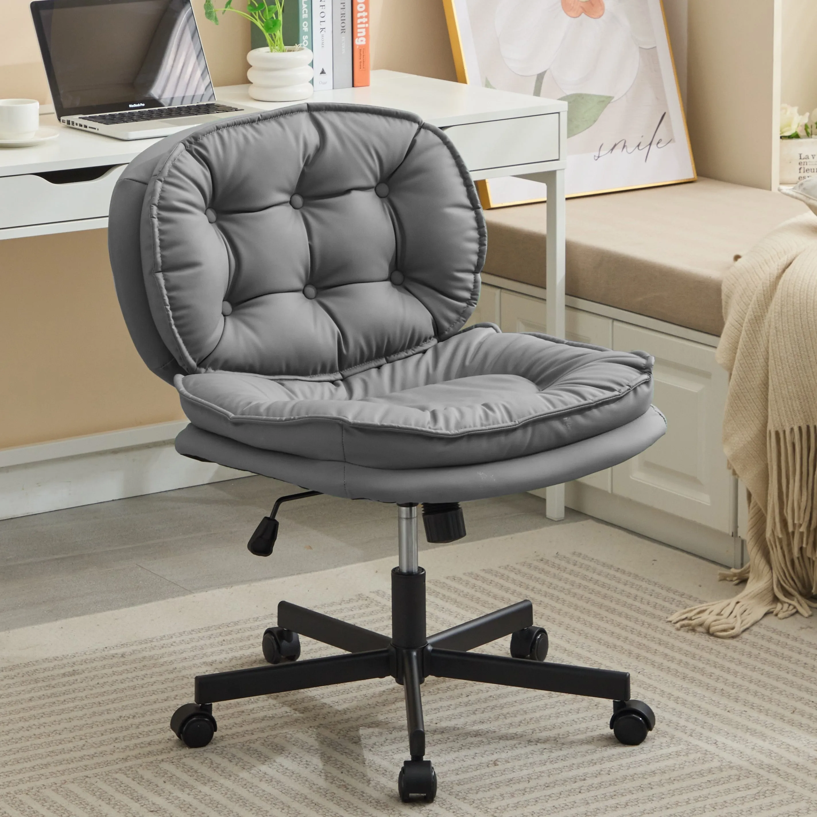 Armless-Office Desk Chair with Wheels: PU Leather Cross Legged Wide Chair,Comfortable Adjustable Swivel Computer Task Chairs for Home,Office,Make Up,Small Space,Bed Room
