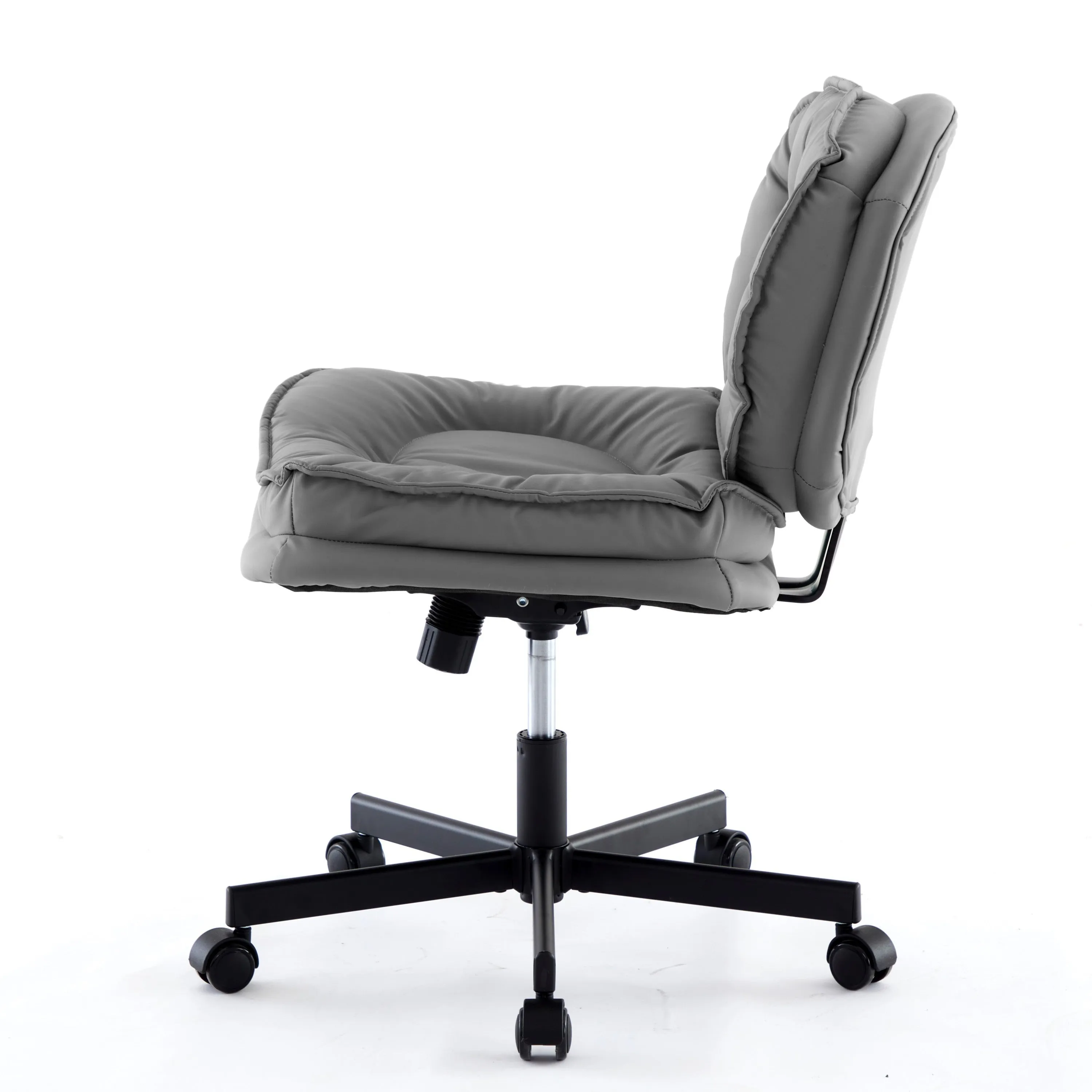 Armless-Office Desk Chair with Wheels: PU Leather Cross Legged Wide Chair,Comfortable Adjustable Swivel Computer Task Chairs for Home,Office,Make Up,Small Space,Bed Room