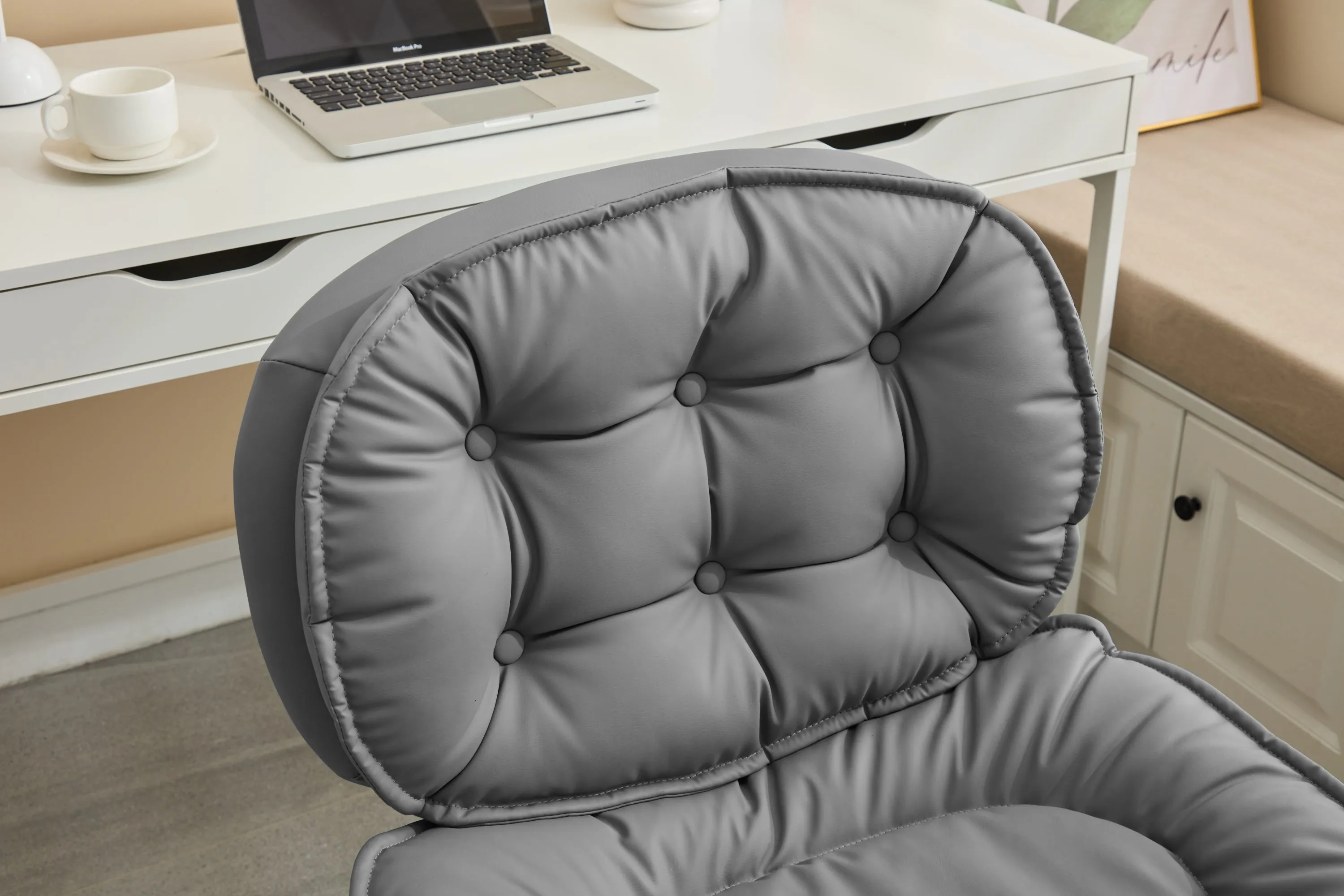 Armless-Office Desk Chair with Wheels: PU Leather Cross Legged Wide Chair,Comfortable Adjustable Swivel Computer Task Chairs for Home,Office,Make Up,Small Space,Bed Room