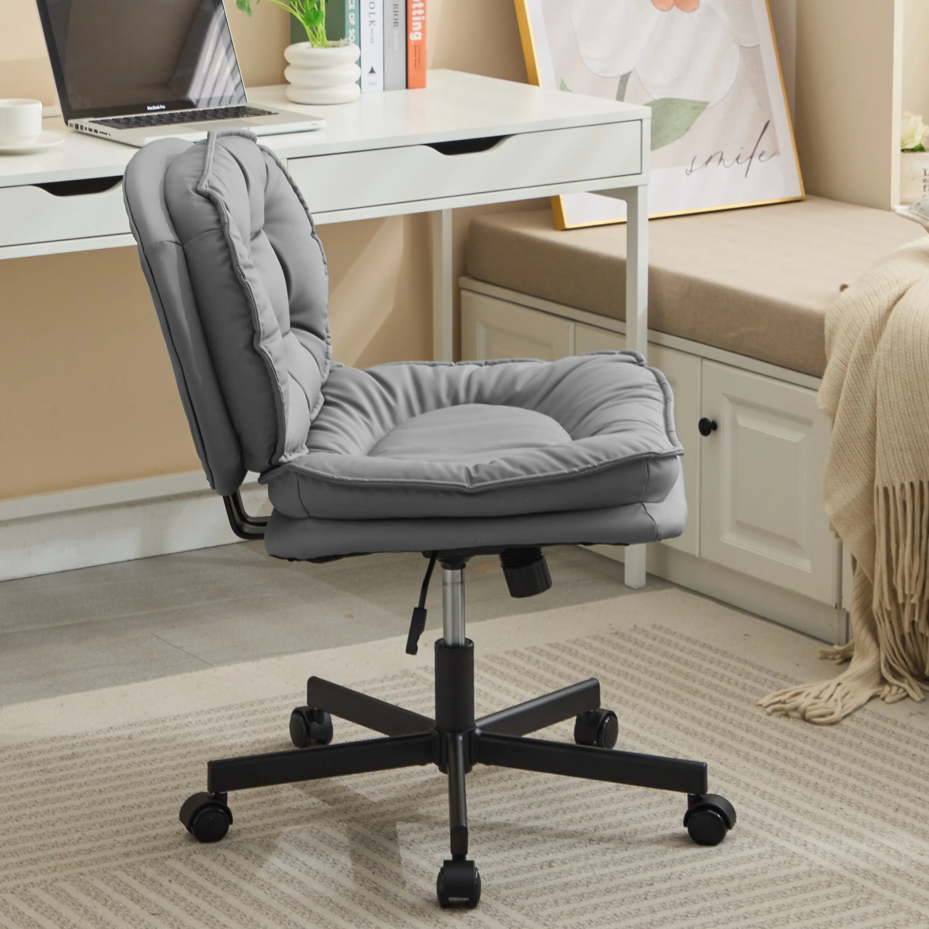 Armless-Office Desk Chair with Wheels: PU Leather Cross Legged Wide Chair,Comfortable Adjustable Swivel Computer Task Chairs for Home,Office,Make Up,Small Space,Bed Room