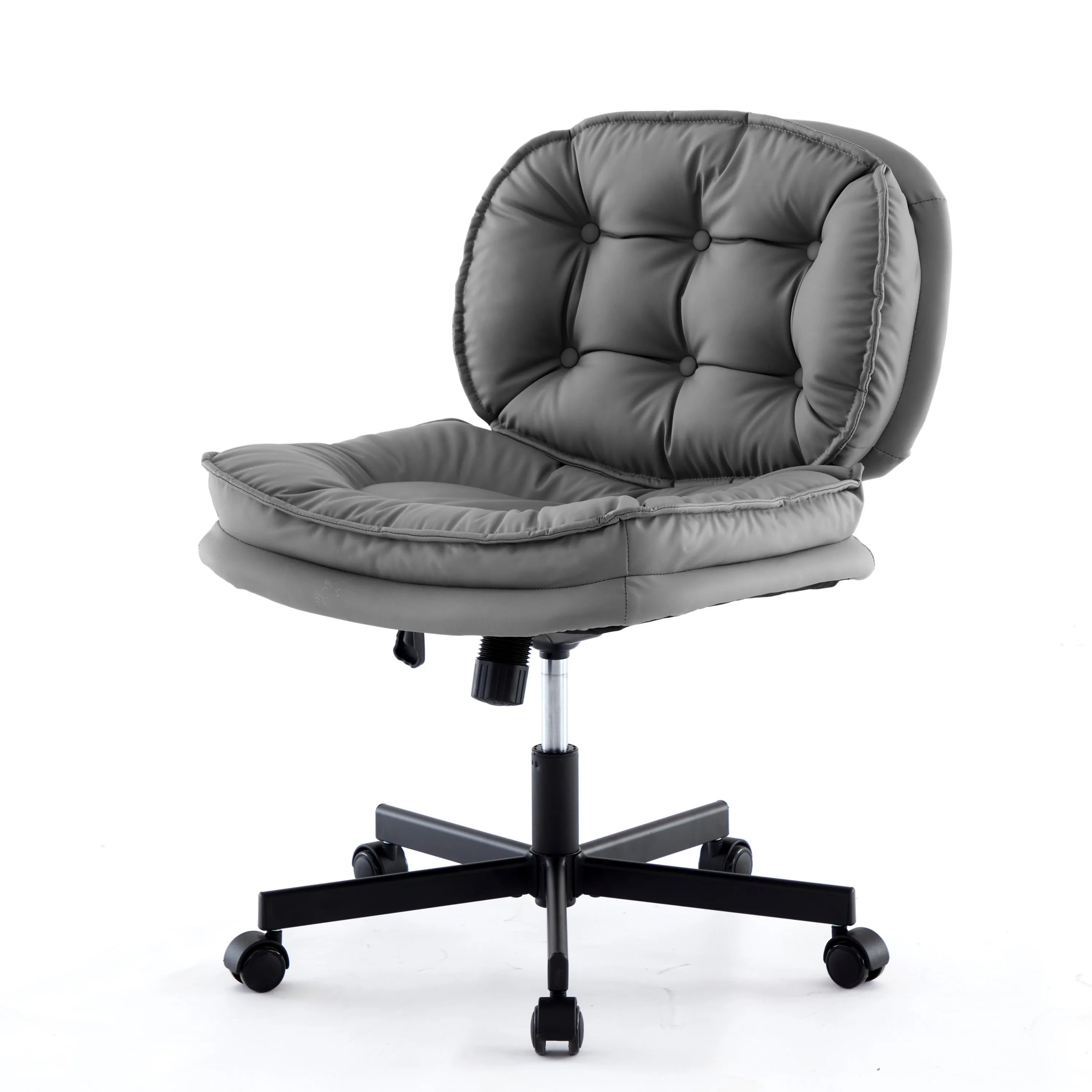Armless-Office Desk Chair with Wheels: PU Leather Cross Legged Wide Chair,Comfortable Adjustable Swivel Computer Task Chairs for Home,Office,Make Up,Small Space,Bed Room