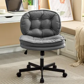 Armless-Office Desk Chair with Wheels: PU Leather Cross Legged Wide Chair,Comfortable Adjustable Swivel Computer Task Chairs for Home,Office,Make Up,Small Space,Bed Room