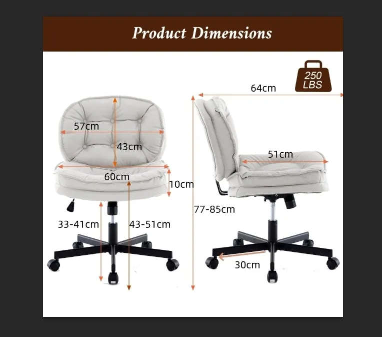 Armless-Office Desk Chair with Wheels: PU Leather Cross Legged Wide Chair,Comfortable Adjustable Swivel Computer Task Chairs for Home,Office,Make Up,Small Space,Bed Room