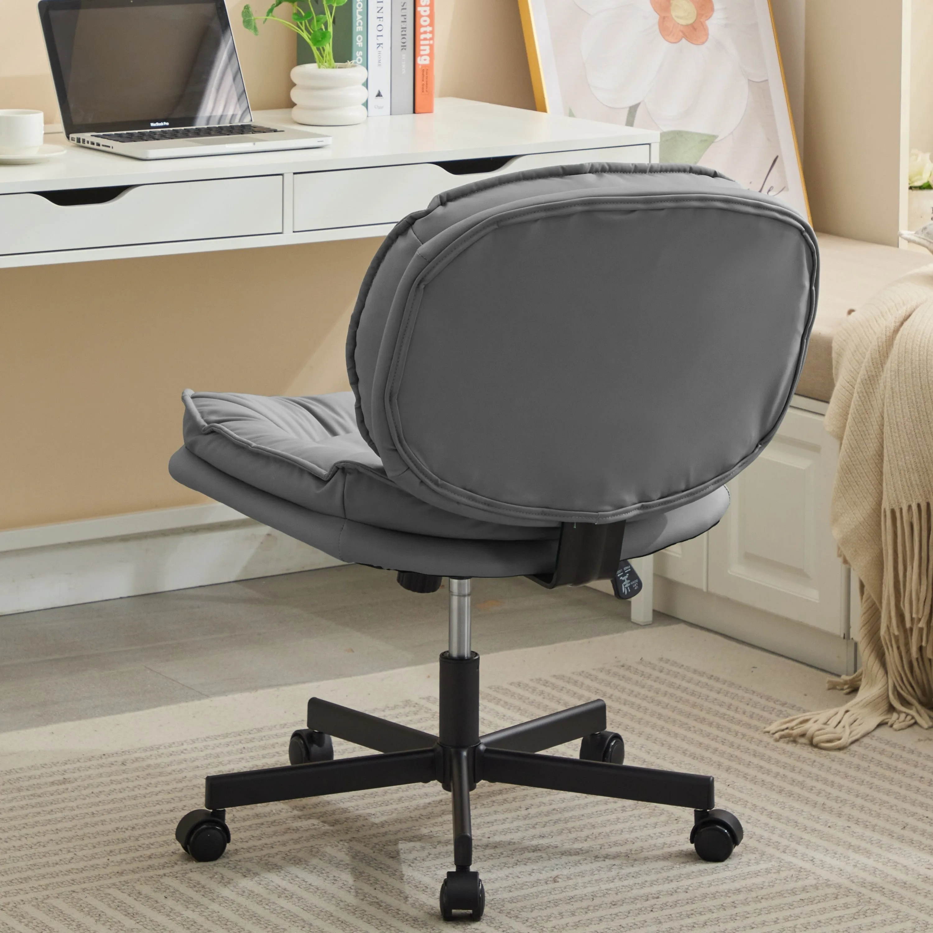 Armless-Office Desk Chair with Wheels: PU Leather Cross Legged Wide Chair,Comfortable Adjustable Swivel Computer Task Chairs for Home,Office,Make Up,Small Space,Bed Room