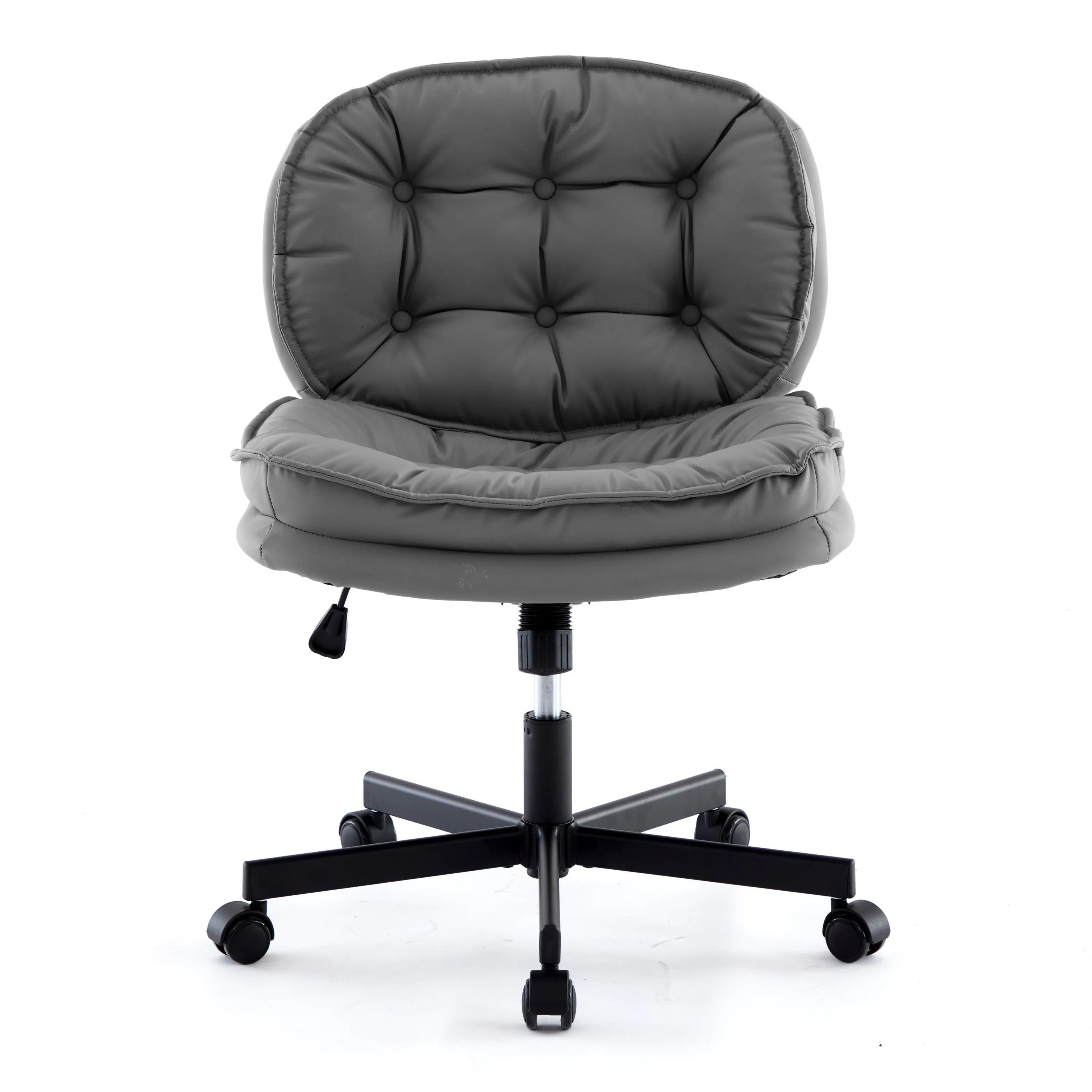 Armless-Office Desk Chair with Wheels: PU Leather Cross Legged Wide Chair,Comfortable Adjustable Swivel Computer Task Chairs for Home,Office,Make Up,Small Space,Bed Room
