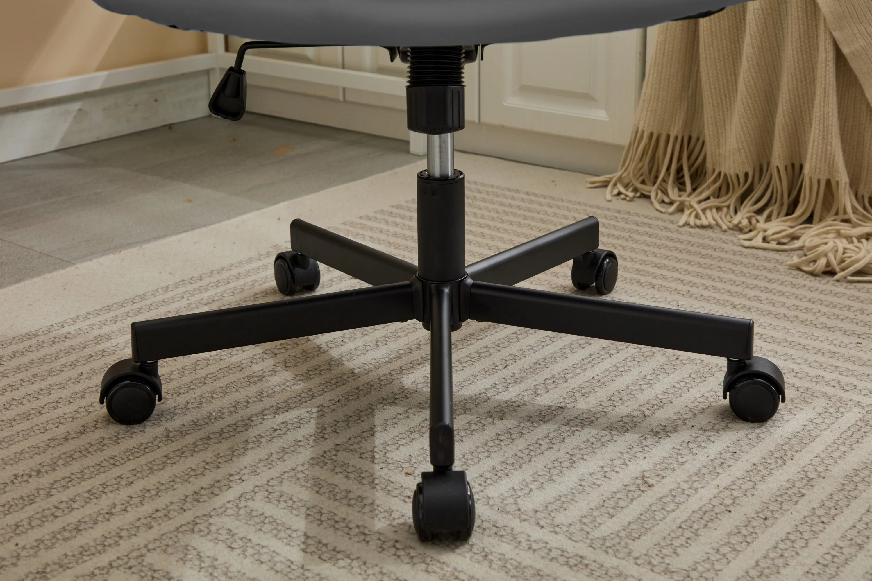 Armless-Office Desk Chair with Wheels: PU Leather Cross Legged Wide Chair,Comfortable Adjustable Swivel Computer Task Chairs for Home,Office,Make Up,Small Space,Bed Room
