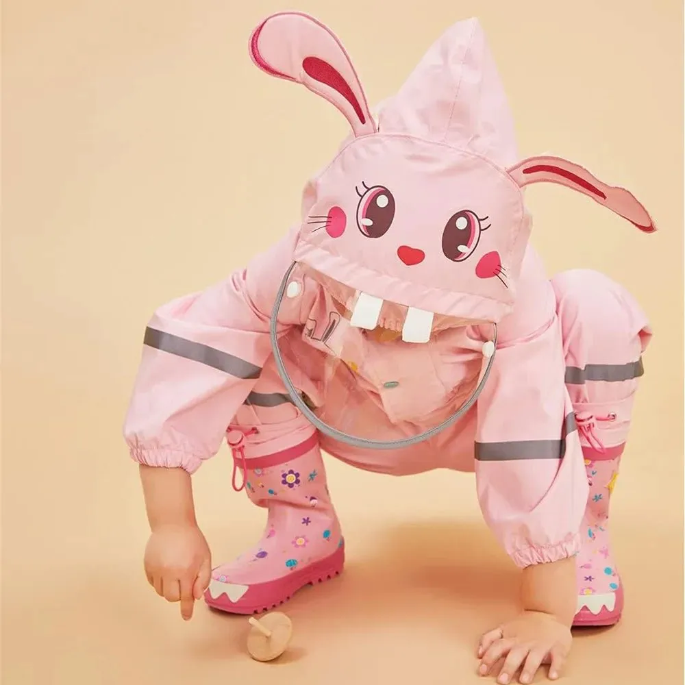 Baby Pink Rabbit Theme All Over Jumpsuit / Playsuit Raincoat for Kids