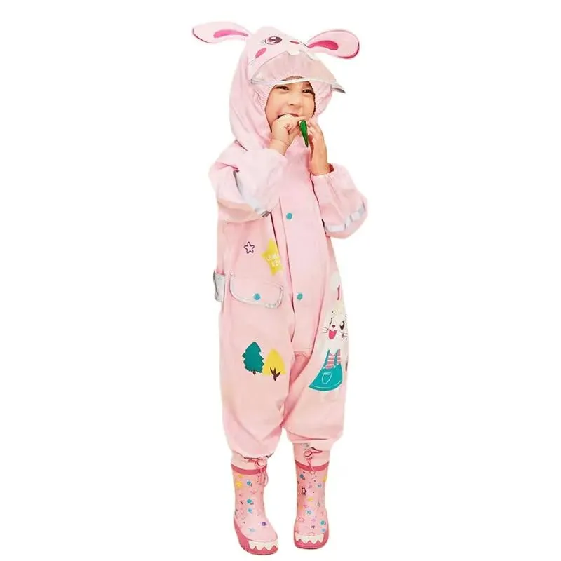 Baby Pink Rabbit Theme All Over Jumpsuit / Playsuit Raincoat for Kids