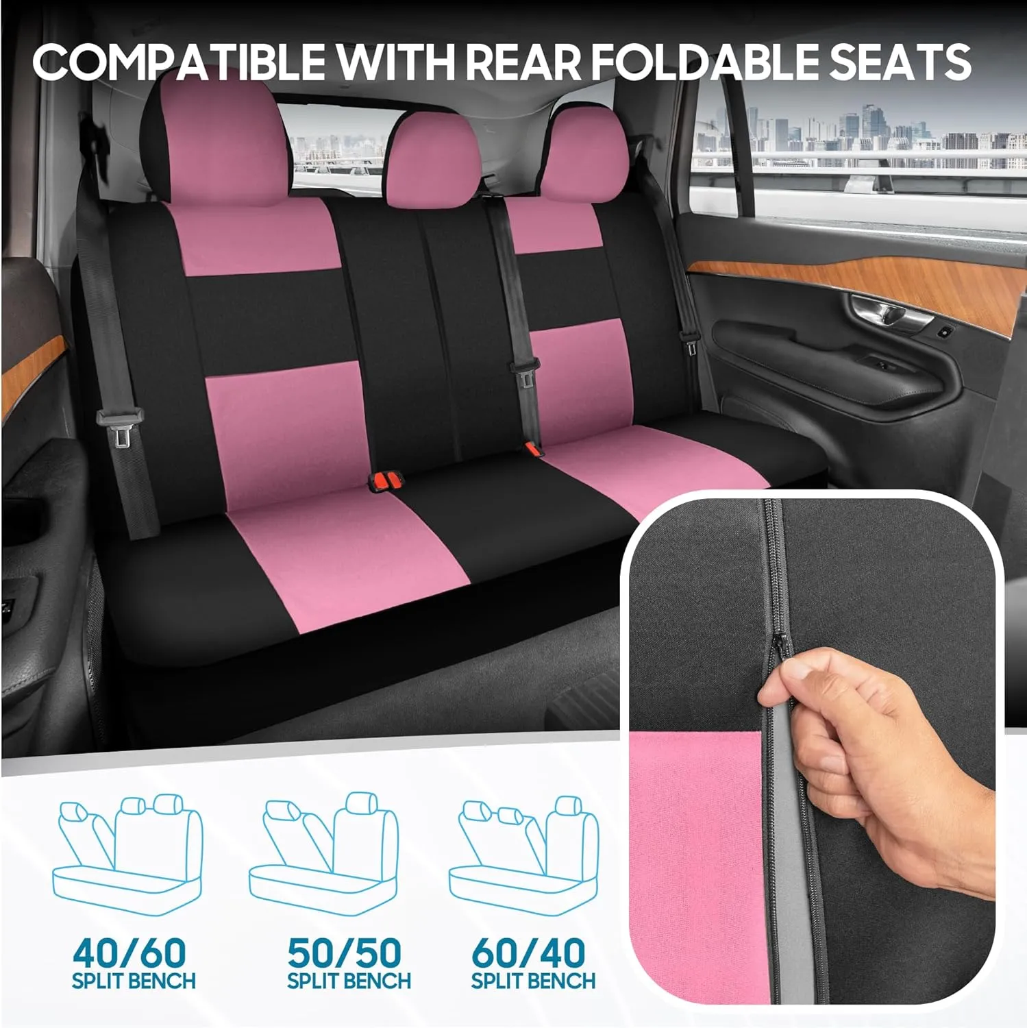 BDK PolyPro Pink Car Seat Covers for Women Full Set – Front and Rear Split Bench Car Seat Cover, Easy Install with Two-Tone Accent, Interior Covers for Auto Truck Van SUV