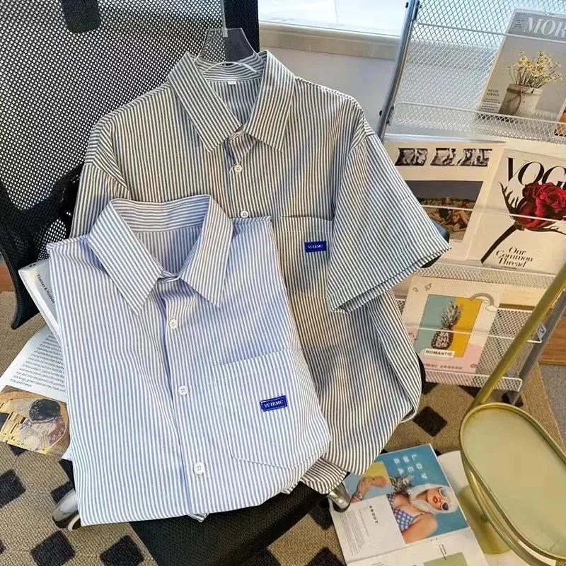 Blue Stripe Short Sleeved Shirt Summer Loose Women's Korean Edition Blouse Simple Versatile Polo Collar Cardigan Blusas