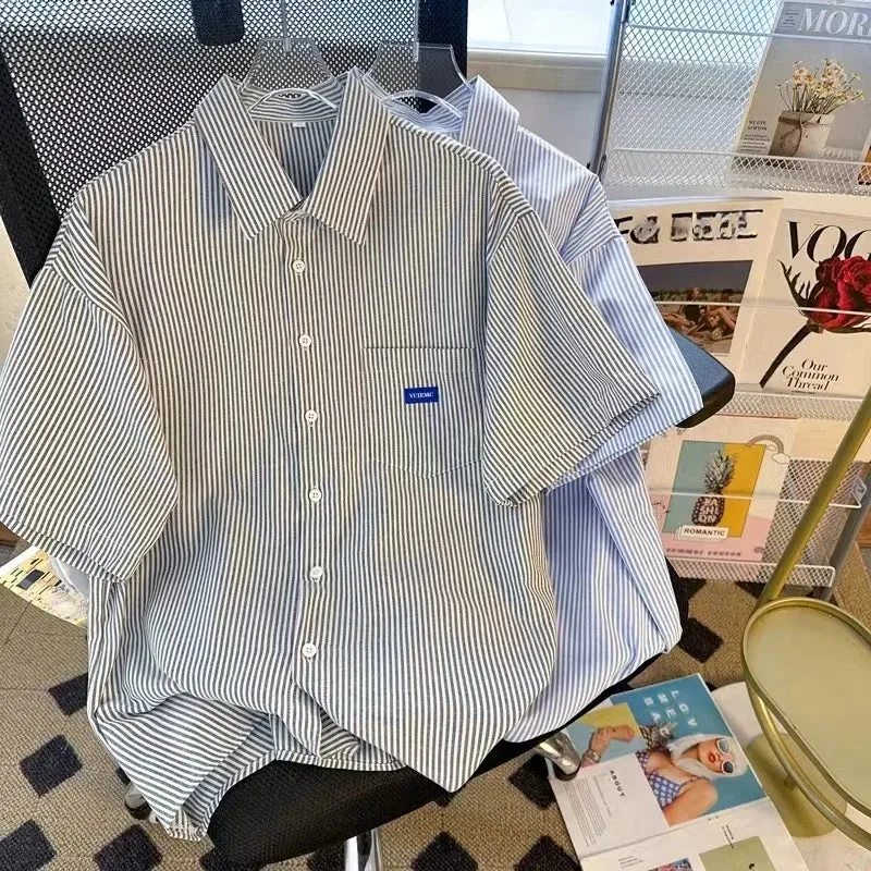 Blue Stripe Short Sleeved Shirt Summer Loose Women's Korean Edition Blouse Simple Versatile Polo Collar Cardigan Blusas
