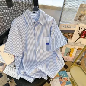 Blue Stripe Short Sleeved Shirt Summer Loose Women's Korean Edition Blouse Simple Versatile Polo Collar Cardigan Blusas