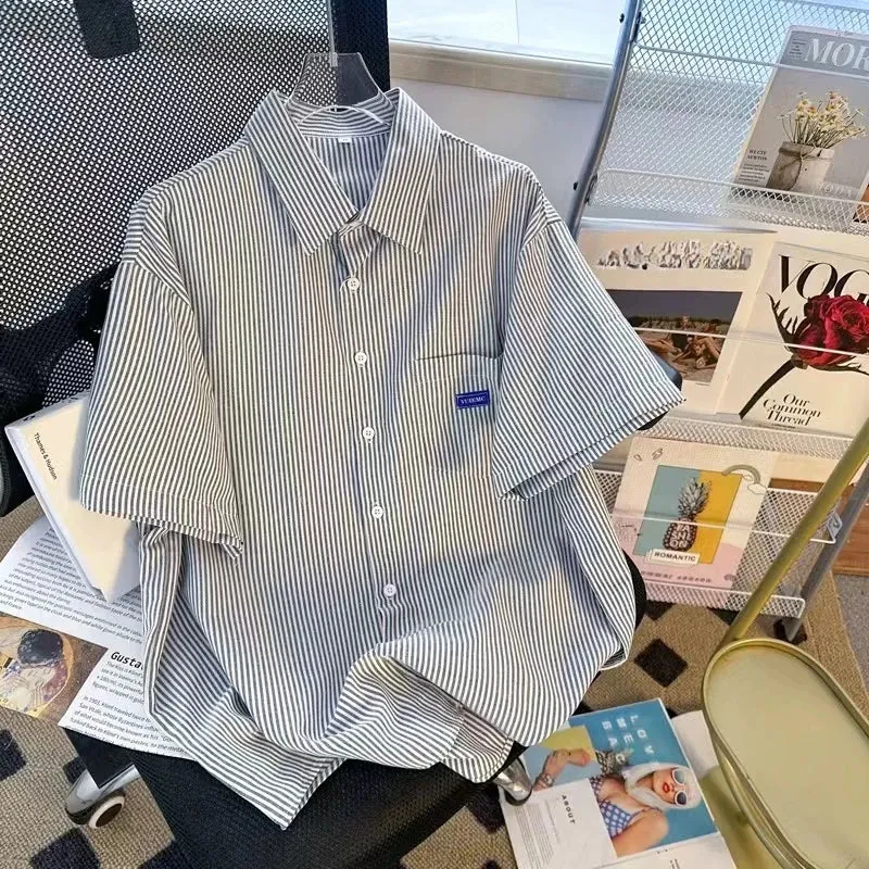 Blue Stripe Short Sleeved Shirt Summer Loose Women's Korean Edition Blouse Simple Versatile Polo Collar Cardigan Blusas