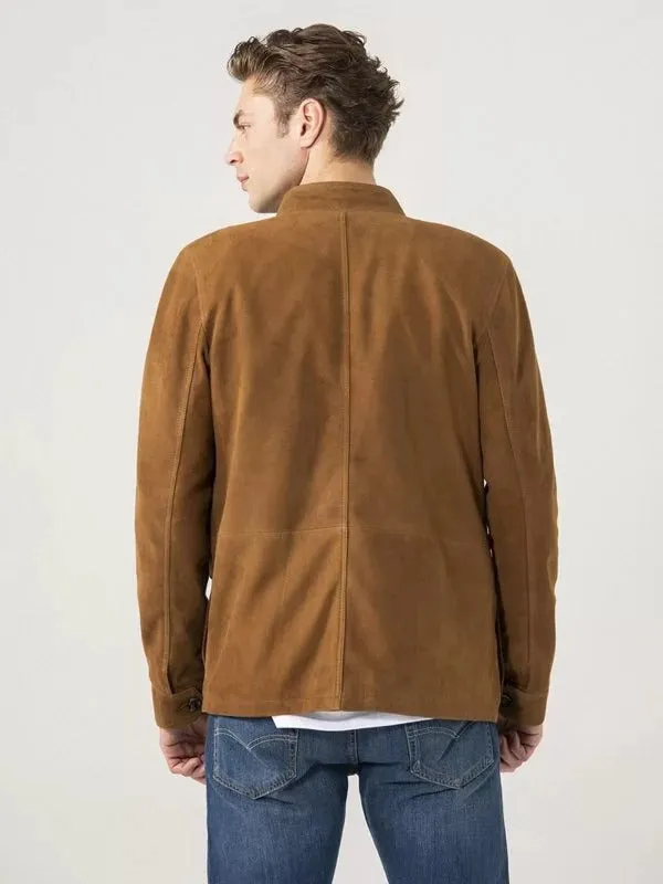 Brown Suede Jacket for Men with Four Flap Pockets