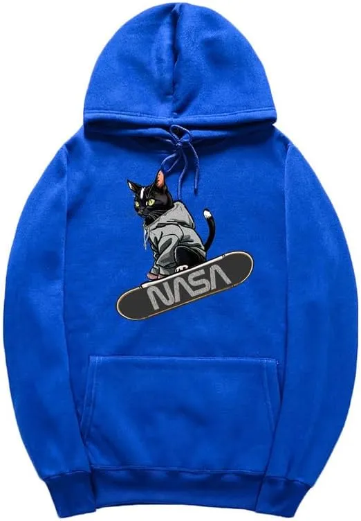 CORIRESHA Teen Cute Cat Skateboarding Hoodie Casual Long Sleeve Drawstring Basic NASA Sweatshirt