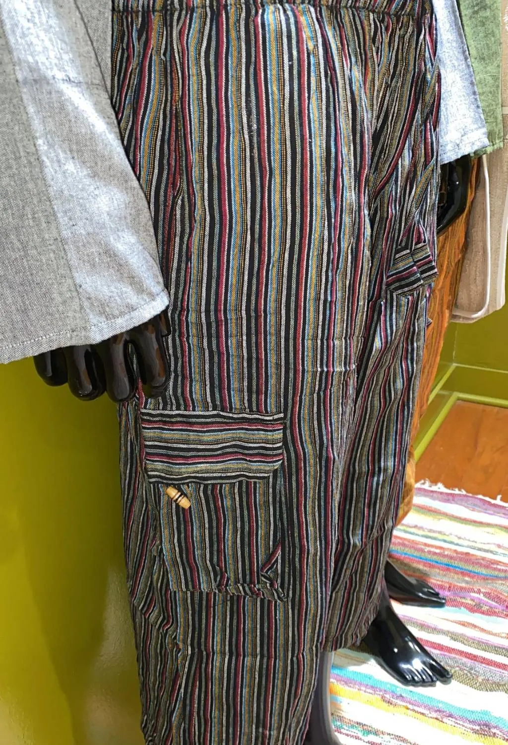 Cotton Wide-Leg 3/4 Cargo Pocket Pants - Stripes