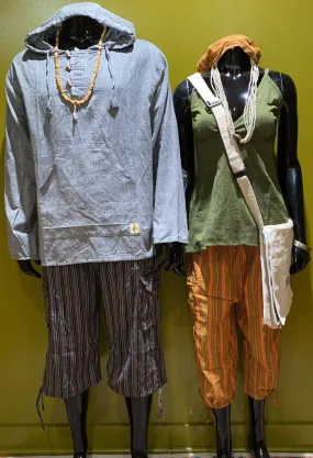 Cotton Wide-Leg 3/4 Cargo Pocket Pants - Stripes