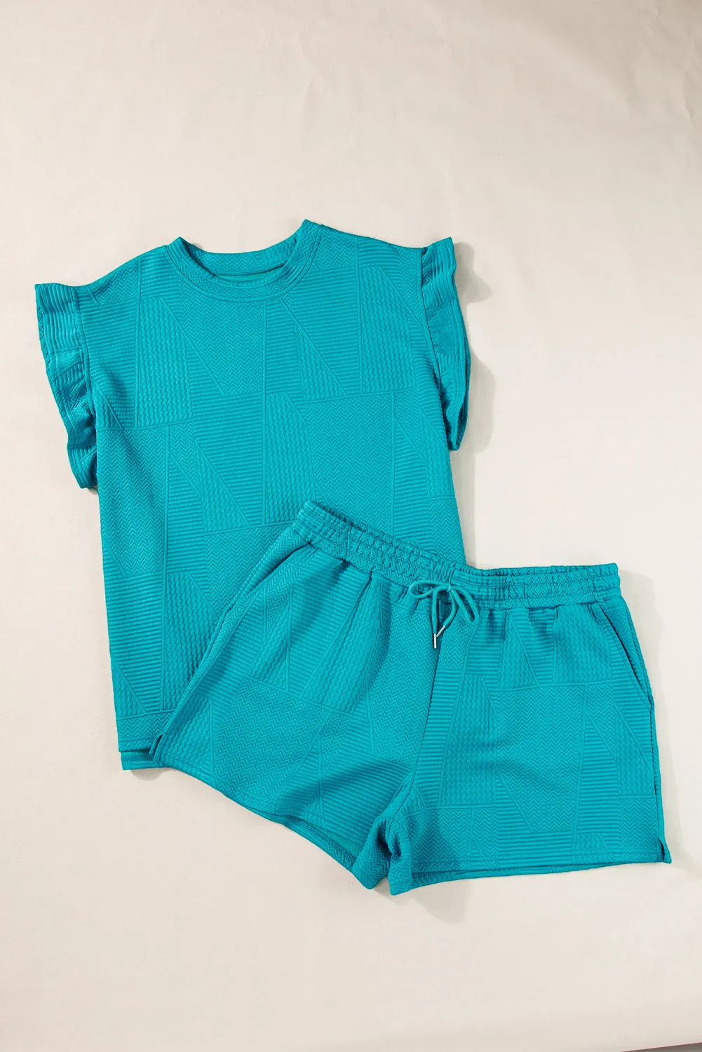 Dark Green Textured Ruffle Split Top and Drawstring Shorts