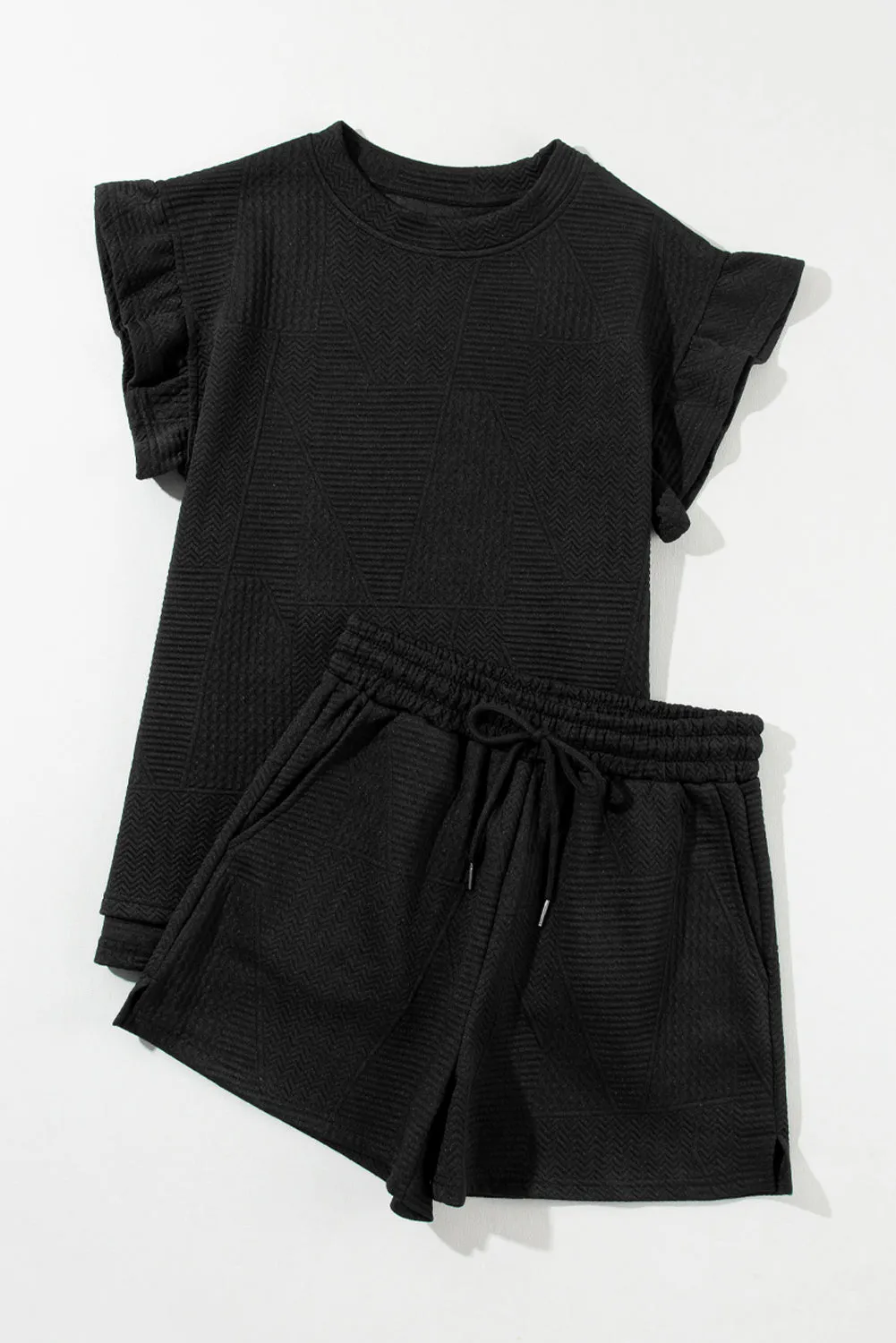 Dark Green Textured Ruffle Split Top and Drawstring Shorts