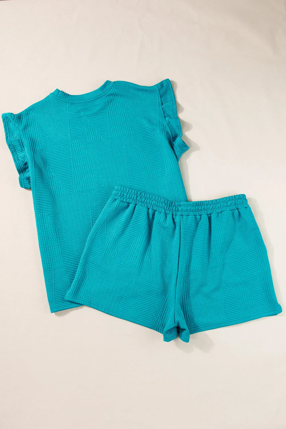 Dark Green Textured Ruffle Split Top and Drawstring Shorts