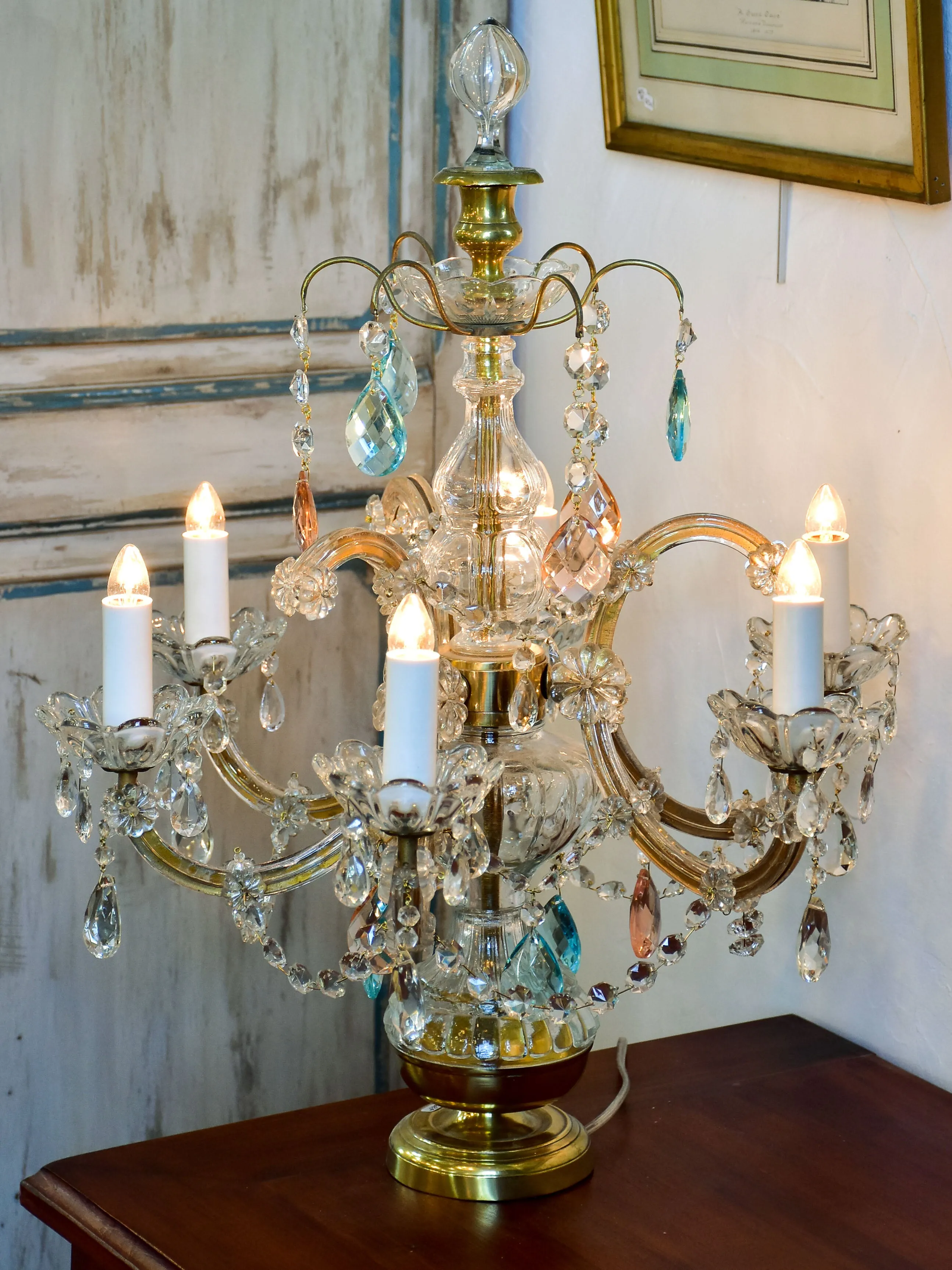 Early 20th century crystal girandole table lamp