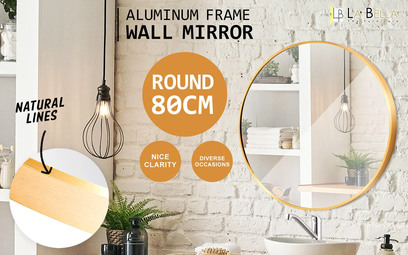 Gold Aluminium Frame Wall Mirror Round Makeup Decor Bathroom Vanity 80cm