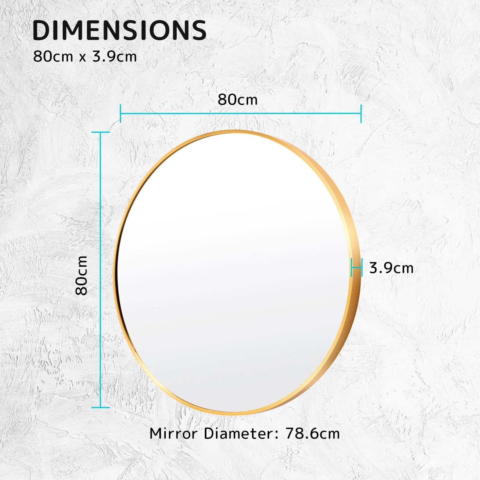 Gold Aluminium Frame Wall Mirror Round Makeup Decor Bathroom Vanity 80cm