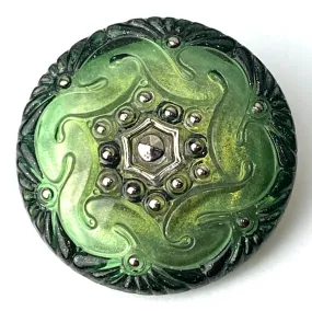 Green Czech Glass Button, 1", Handpainted by Susan Clarke #SC281D