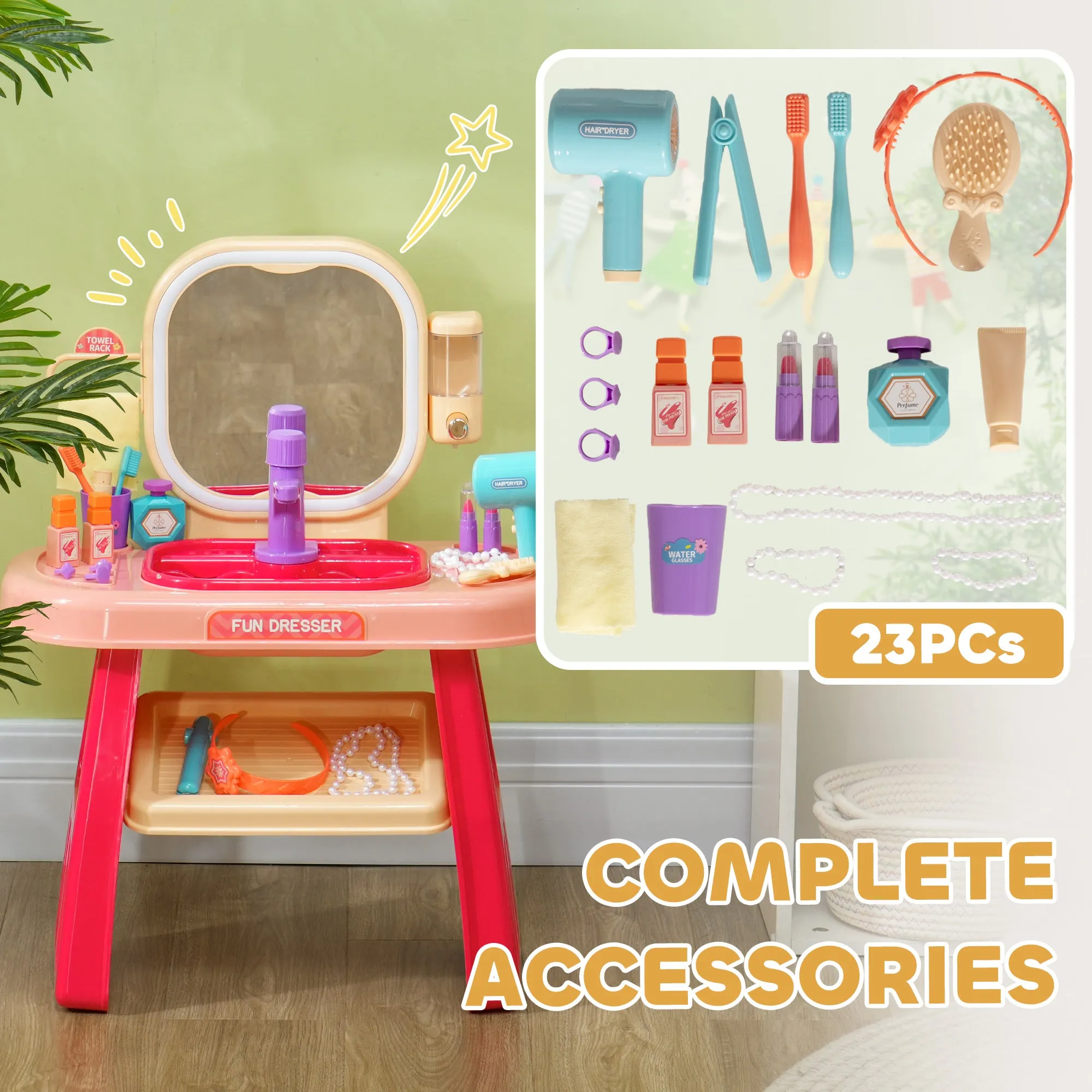 Kids Dressing Table with Mirror, LED Light, Music, 23 Accessories
