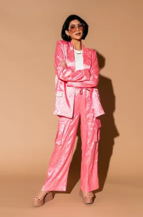 Lucky Girl Jacquard Floral Blazer   Cargo Pants Set in Coral Pink
