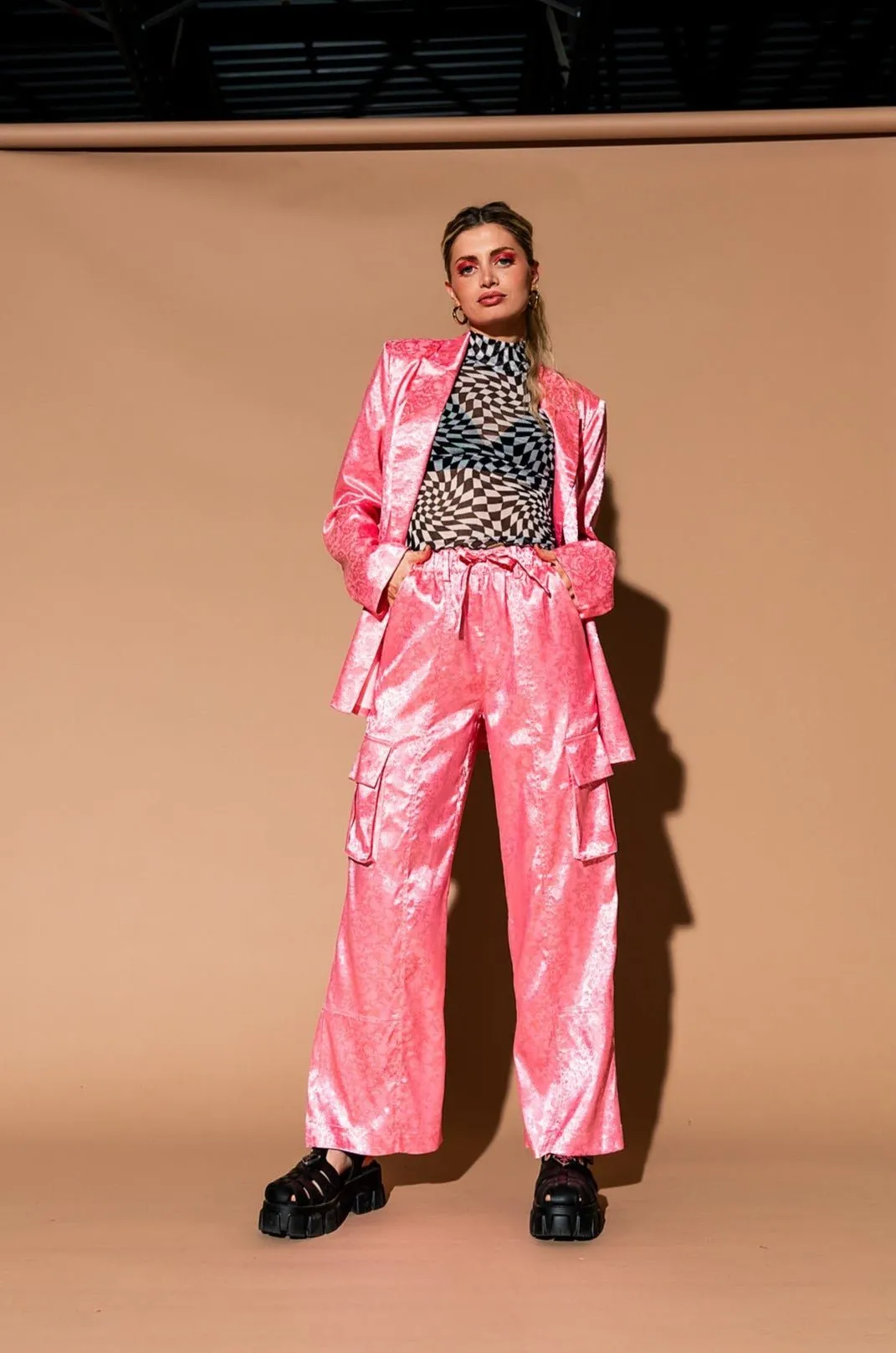 Lucky Girl Jacquard Floral Blazer   Cargo Pants Set in Coral Pink