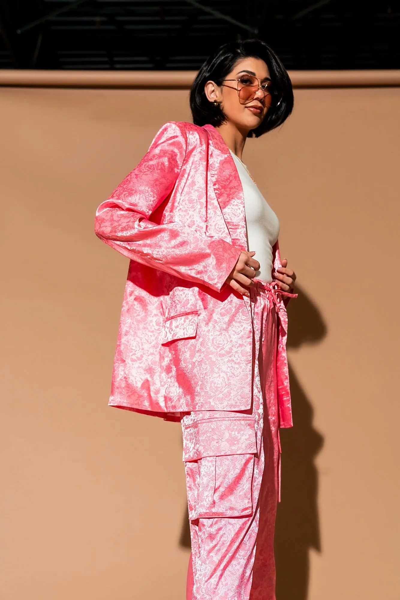 Lucky Girl Jacquard Floral Blazer   Cargo Pants Set in Coral Pink