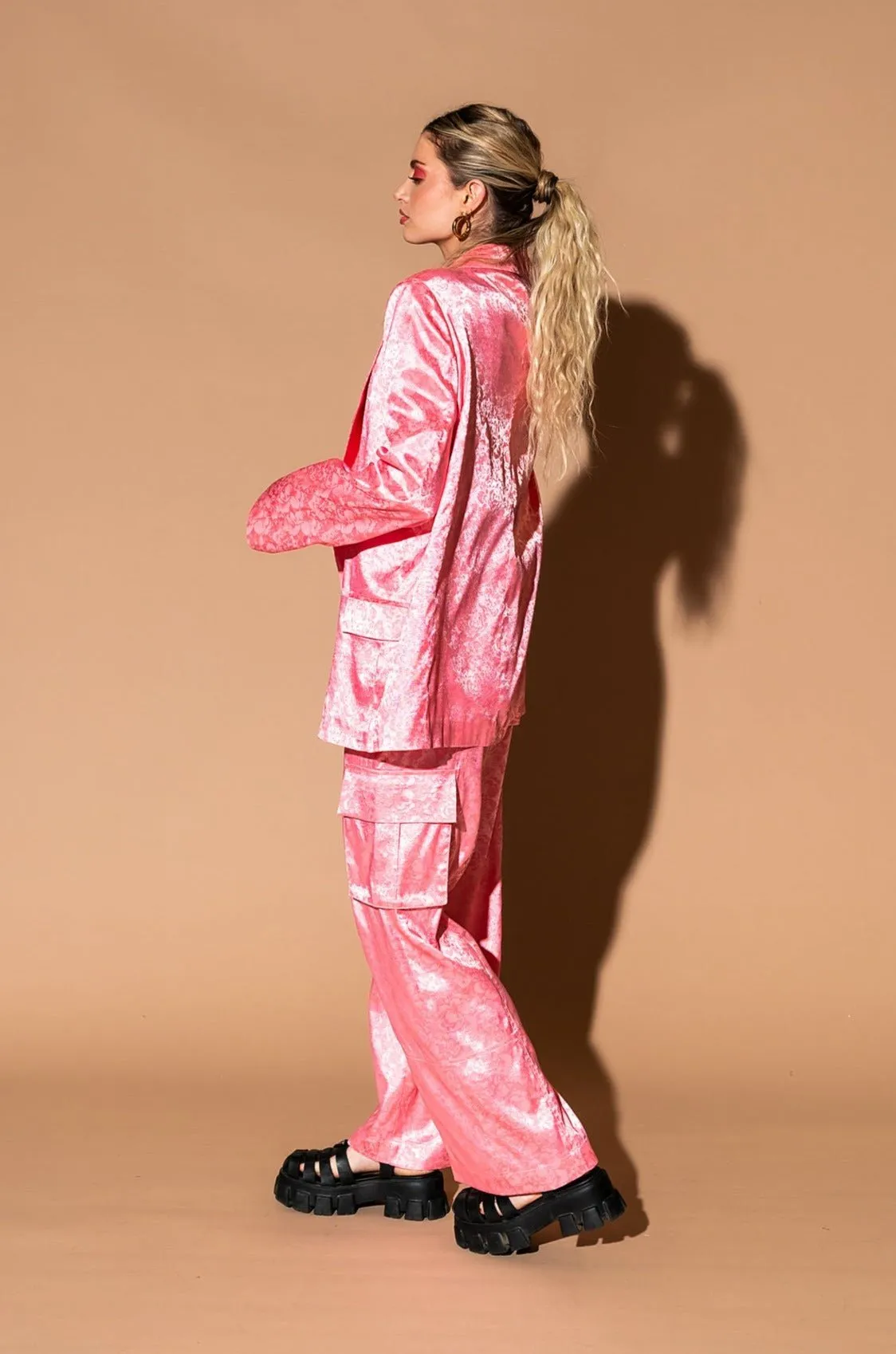 Lucky Girl Jacquard Floral Blazer   Cargo Pants Set in Coral Pink